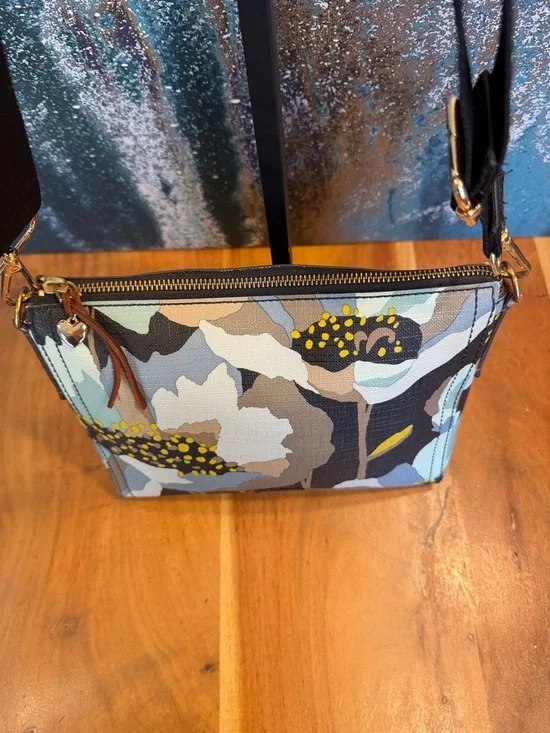 Fossil Boho Floral Coated Canvas Crossbody Bag Brown/Blue Gold (GUC) - Picture 11 of 17